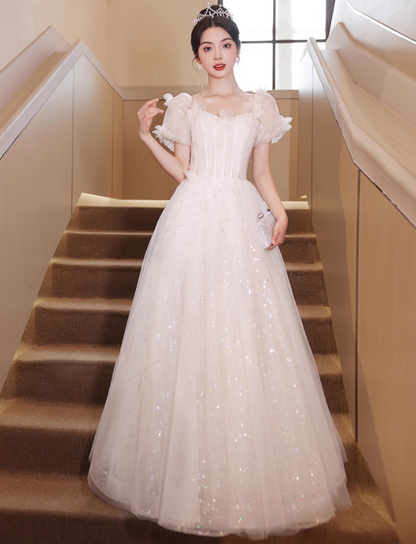 Cascade Sparkle Tulle Hem Puff Sleeve Fabulous Applique Cinched Waist Prom Long Dress AP0666