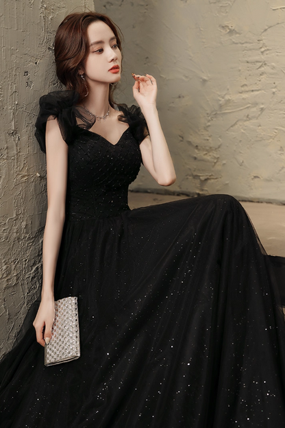 Mesh Off-Shoulder Black Feast Dress Cascade Sequins Tulle Splicing Student Prom Dress AP0667