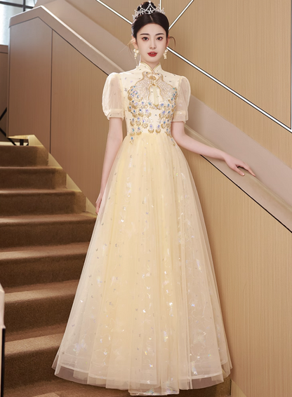 Oriental Semi-High Neck Host Evening Feast Glow Applique Beading Tulle Layered Prom Dress AP0668
