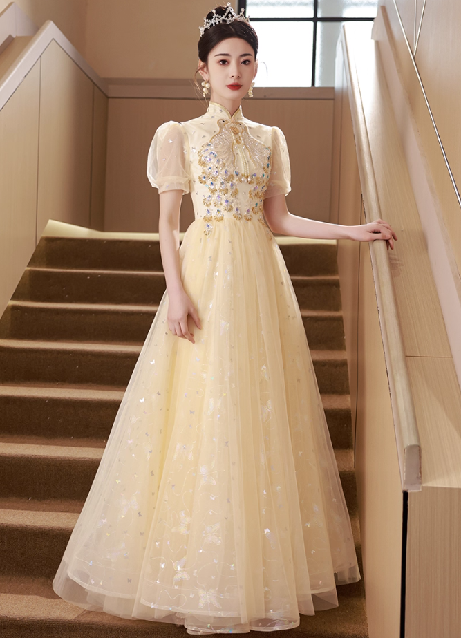 Oriental Semi-High Neck Host Evening Feast Glow Applique Beading Tulle Layered Prom Dress AP0668