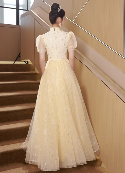 Oriental Semi-High Neck Host Evening Feast Glow Applique Beading Tulle Layered Prom Dress AP0668