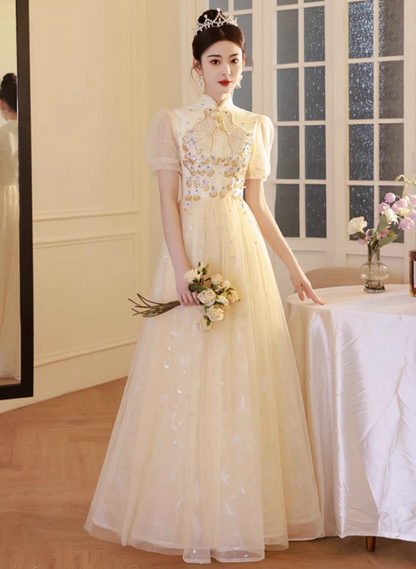 Oriental Semi-High Neck Host Evening Feast Glow Applique Beading Tulle Layered Prom Dress AP0668