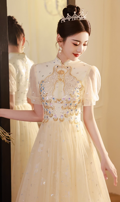 Oriental Semi-High Neck Host Evening Feast Glow Applique Beading Tulle Layered Prom Dress AP0668