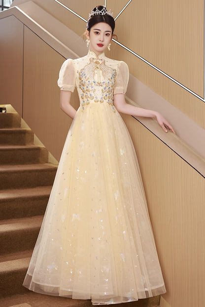 Oriental Semi-High Neck Host Evening Feast Glow Applique Beading Tulle Layered Prom Dress AP0668