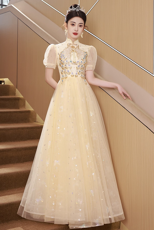 Oriental Semi-High Neck Host Evening Feast Glow Applique Beading Tulle Layered Prom Dress AP0668