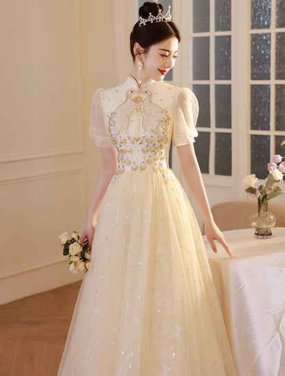 Oriental Semi-High Neck Host Evening Feast Glow Applique Beading Tulle Layered Prom Dress AP0668