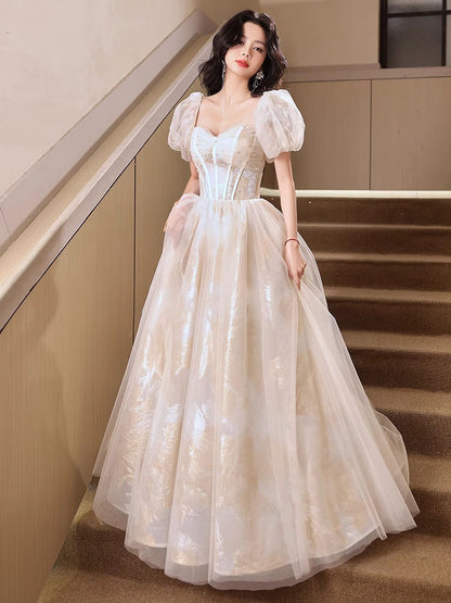 Novelty Beading Cascade Mesh Evening Gown Puff Sleeve Cinched Waist Prom Long Dress AP0669