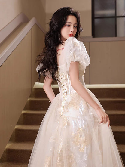 Novelty Beading Cascade Mesh Evening Gown Puff Sleeve Cinched Waist Prom Long Dress AP0669