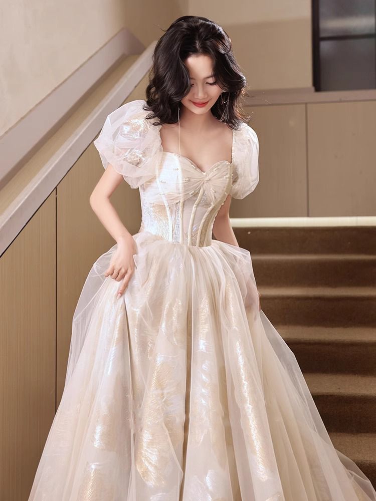 Novelty Beading Cascade Mesh Evening Gown Puff Sleeve Cinched Waist Prom Long Dress AP0669
