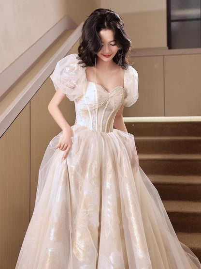Novelty Beading Cascade Mesh Evening Gown Puff Sleeve Cinched Waist Prom Long Dress AP0669