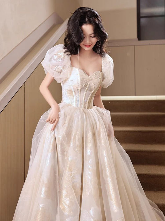 Novelty Beading Cascade Mesh Evening Gown Puff Sleeve Cinched Waist Prom Long Dress AP0669