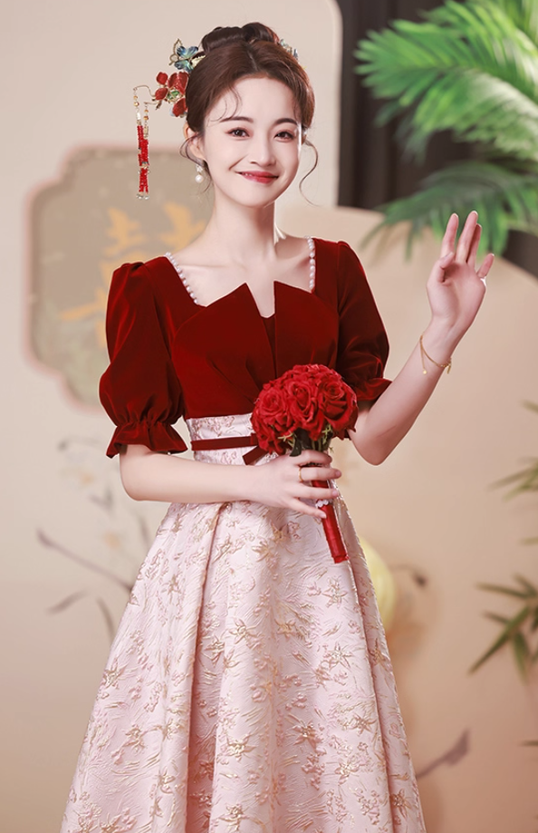 Oriental Square-Neck A-line Beading Applique Hem Puff Sleeve Bridal Toast Gown Prom Dress AP0670