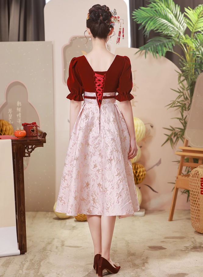 Oriental Square-Neck A-line Beading Applique Hem Puff Sleeve Bridal Toast Gown Prom Dress AP0670