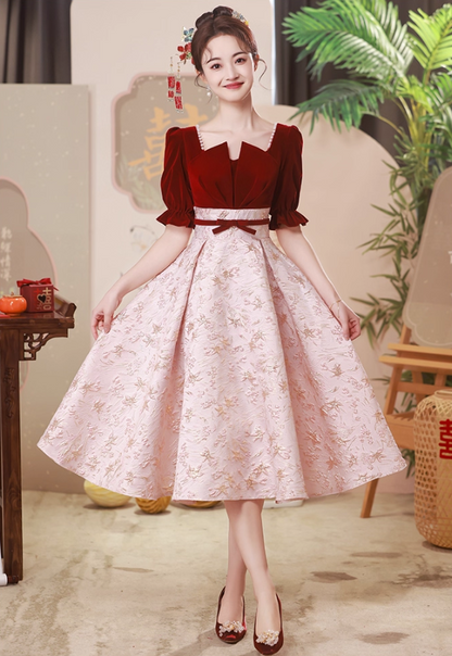 Oriental Square-Neck A-line Beading Applique Hem Puff Sleeve Bridal Toast Gown Prom Dress AP0670