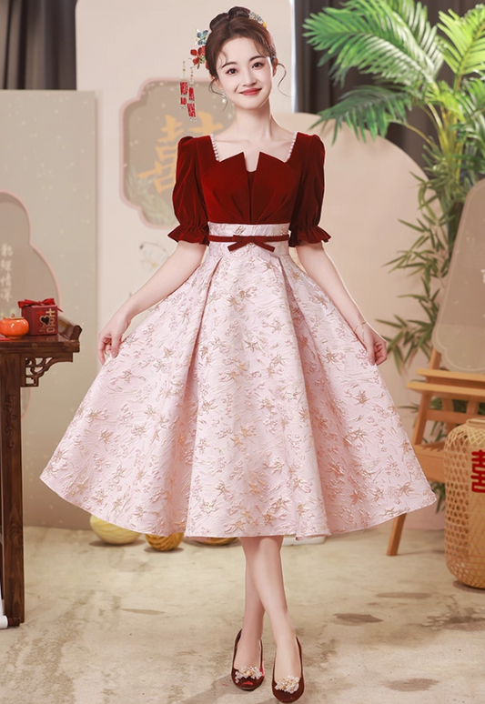 Oriental Square-Neck A-line Beading Applique Hem Puff Sleeve Bridal Toast Gown Prom Dress AP0670