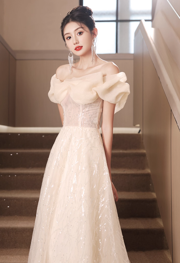 Vintage Glitter Sequins Strapless Ruffles Mesh Off-Shoulder Tulle Layered Prom Dress AP0672