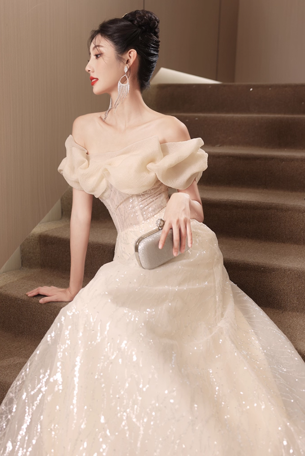 Vintage Glitter Sequins Strapless Ruffles Mesh Off-Shoulder Tulle Layered Prom Dress AP0672