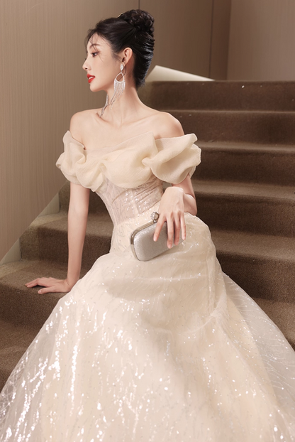 Vintage Glitter Sequins Strapless Ruffles Mesh Off-Shoulder Tulle Layered Prom Dress AP0672