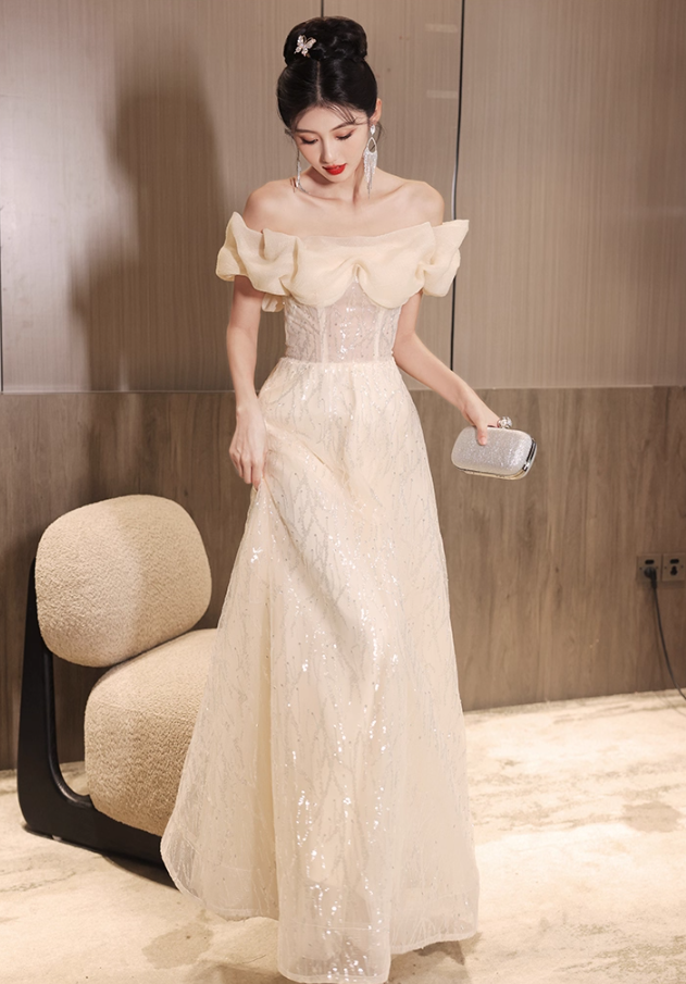 Vintage Glitter Sequins Strapless Ruffles Mesh Off-Shoulder Tulle Layered Prom Dress AP0672