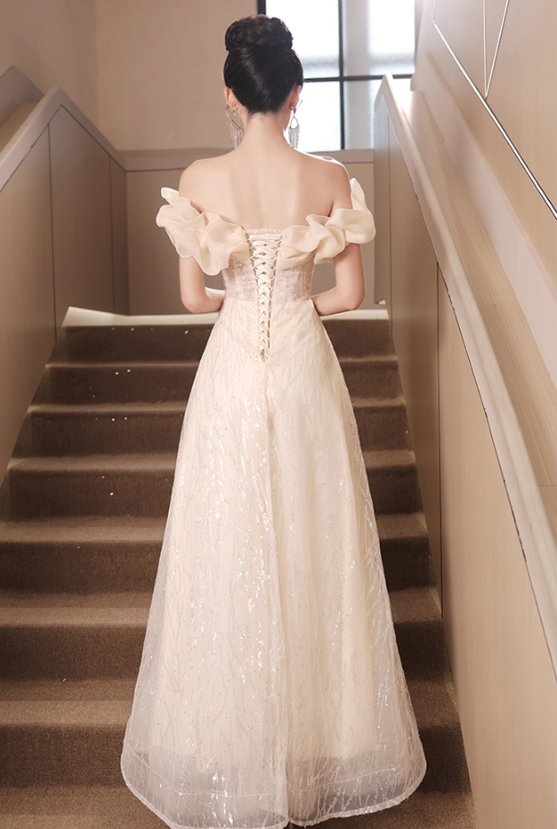 Vintage Glitter Sequins Strapless Ruffles Mesh Off-Shoulder Tulle Layered Prom Dress AP0672