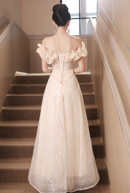 Vintage Glitter Sequins Strapless Ruffles Mesh Off-Shoulder Tulle Layered Prom Dress AP0672