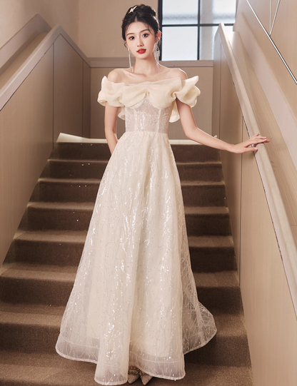 Vintage Glitter Sequins Strapless Ruffles Mesh Off-Shoulder Tulle Layered Prom Dress AP0672