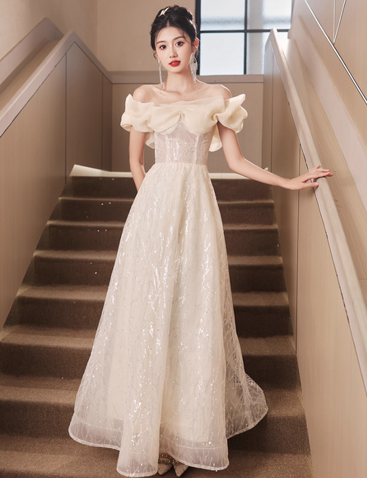 Vintage Glitter Sequins Strapless Ruffles Mesh Off-Shoulder Tulle Layered Prom Dress AP0672