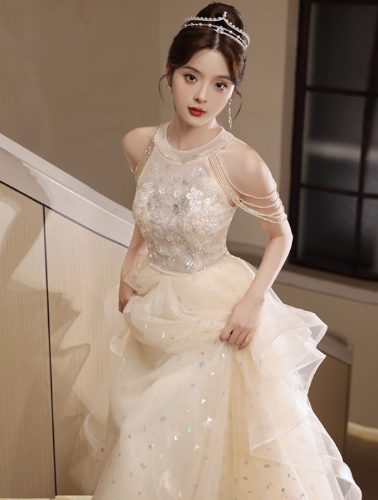 Sparkling Applique Round Neck Evening Dress Ruffles Tulle Splicing Off-Shoulder Prom Dress AP0673