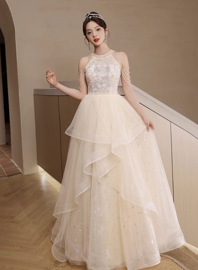 Sparkling Applique Round Neck Evening Dress Ruffles Tulle Splicing Off-Shoulder Prom Dress AP0673
