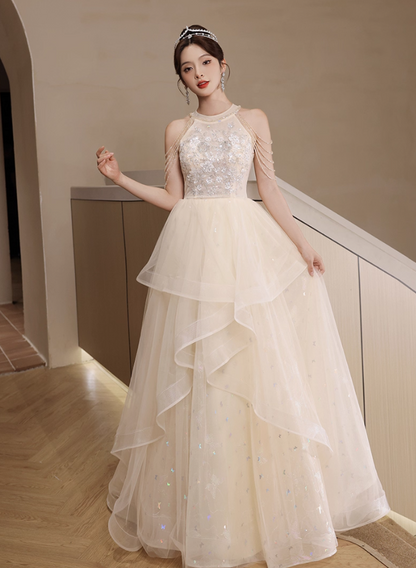 Sparkling Applique Round Neck Evening Dress Ruffles Tulle Splicing Off-Shoulder Prom Dress AP0673