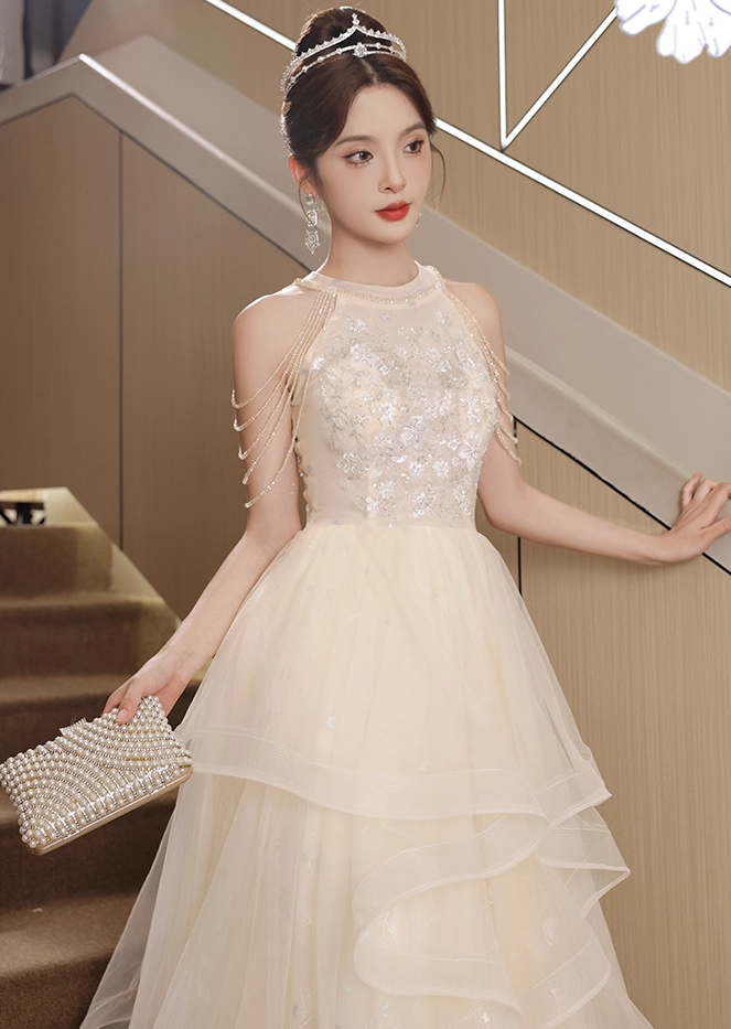 Sparkling Applique Round Neck Evening Dress Ruffles Tulle Splicing Off-Shoulder Prom Dress AP0673