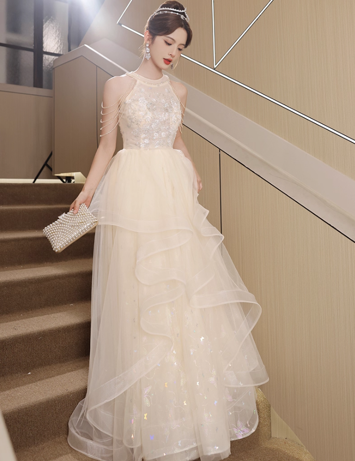 Sparkling Applique Round Neck Evening Dress Ruffles Tulle Splicing Off-Shoulder Prom Dress AP0673
