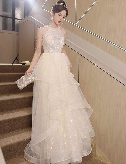 Sparkling Applique Round Neck Evening Dress Ruffles Tulle Splicing Off-Shoulder Prom Dress AP0673
