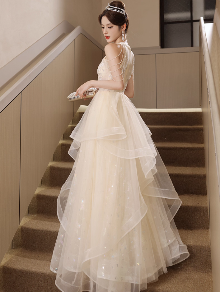 Sparkling Applique Round Neck Evening Dress Ruffles Tulle Splicing Off-Shoulder Prom Dress AP0673