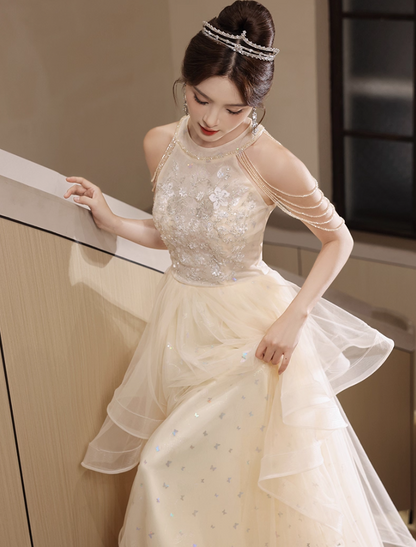 Sparkling Applique Round Neck Evening Dress Ruffles Tulle Splicing Off-Shoulder Prom Dress AP0673