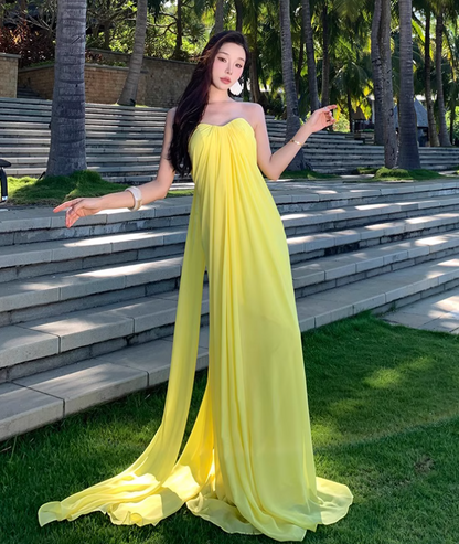 Flowy Strapless Pressed Pleats Oversize Dress Vibrant Vacation Outfit Long Dress AP0674