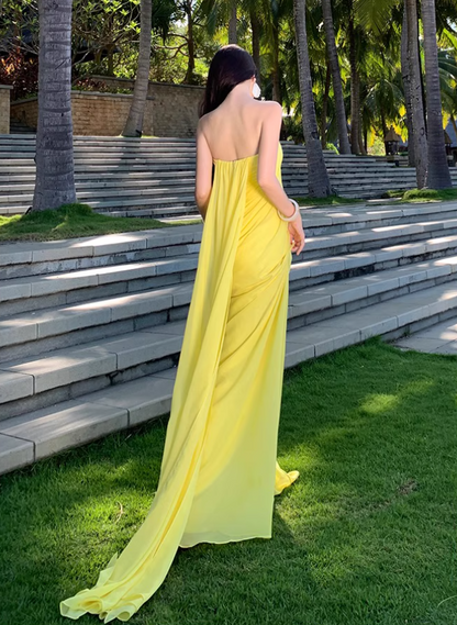 Flowy Strapless Pressed Pleats Oversize Dress Vibrant Vacation Outfit Long Dress AP0674