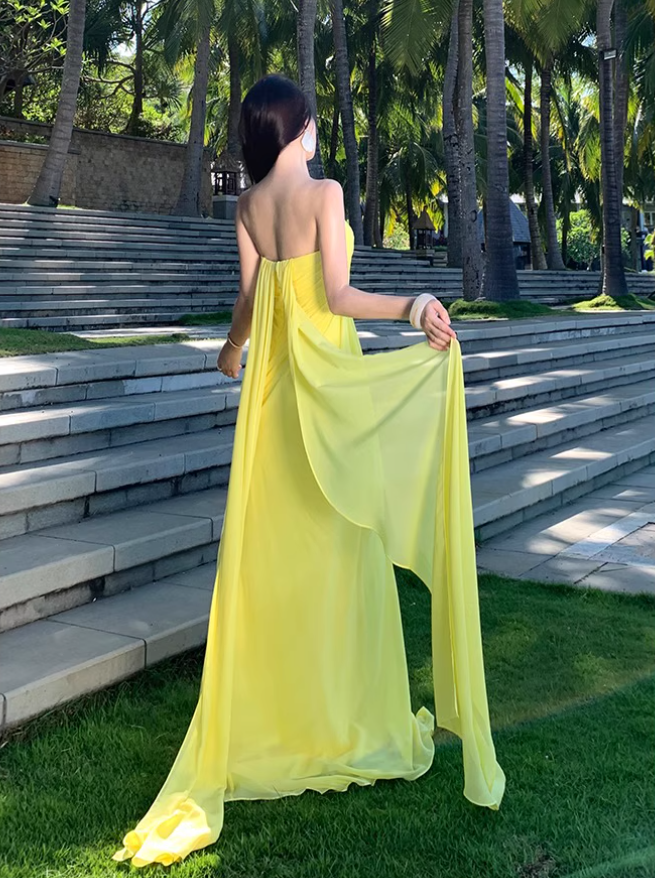 Flowy Strapless Pressed Pleats Oversize Dress Vibrant Vacation Outfit Long Dress AP0674