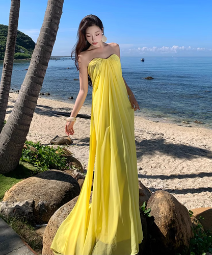 Flowy Strapless Pressed Pleats Oversize Dress Vibrant Vacation Outfit Long Dress AP0674