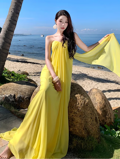 Flowy Strapless Pressed Pleats Oversize Dress Vibrant Vacation Outfit Long Dress AP0674