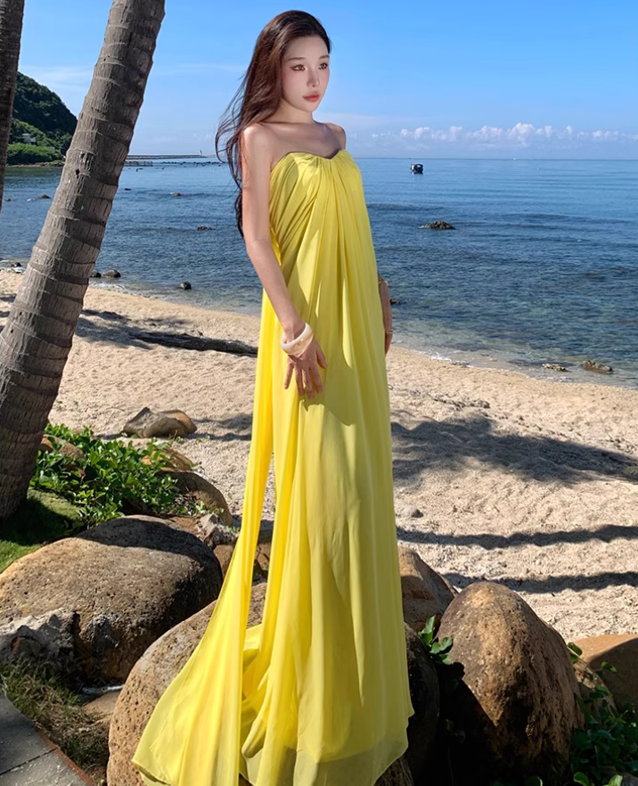 Flowy Strapless Pressed Pleats Oversize Dress Vibrant Vacation Outfit Long Dress AP0674