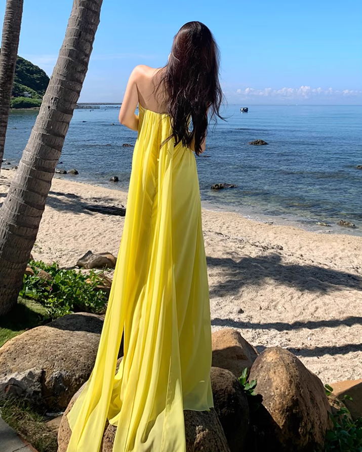 Flowy Strapless Pressed Pleats Oversize Dress Vibrant Vacation Outfit Long Dress AP0674