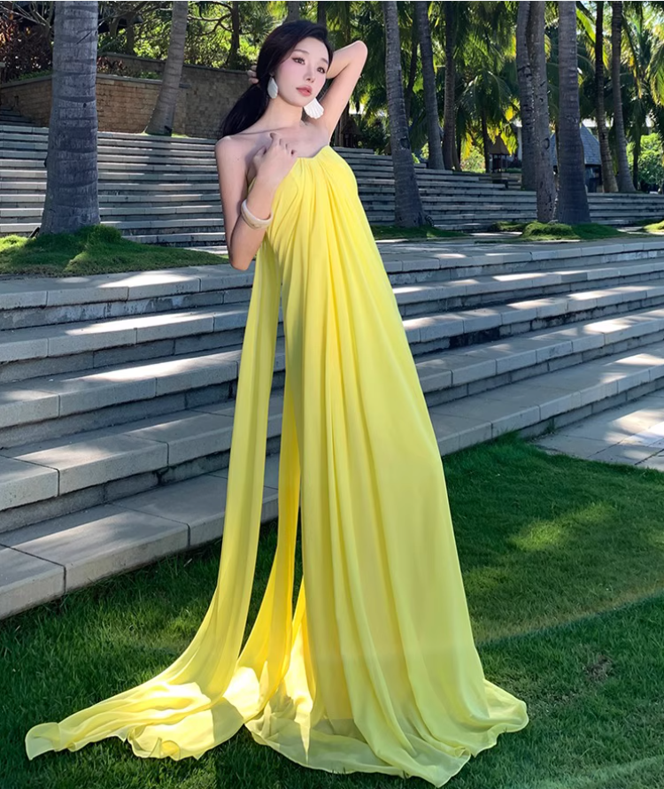 Flowy Strapless Pressed Pleats Oversize Dress Vibrant Vacation Outfit Long Dress AP0674