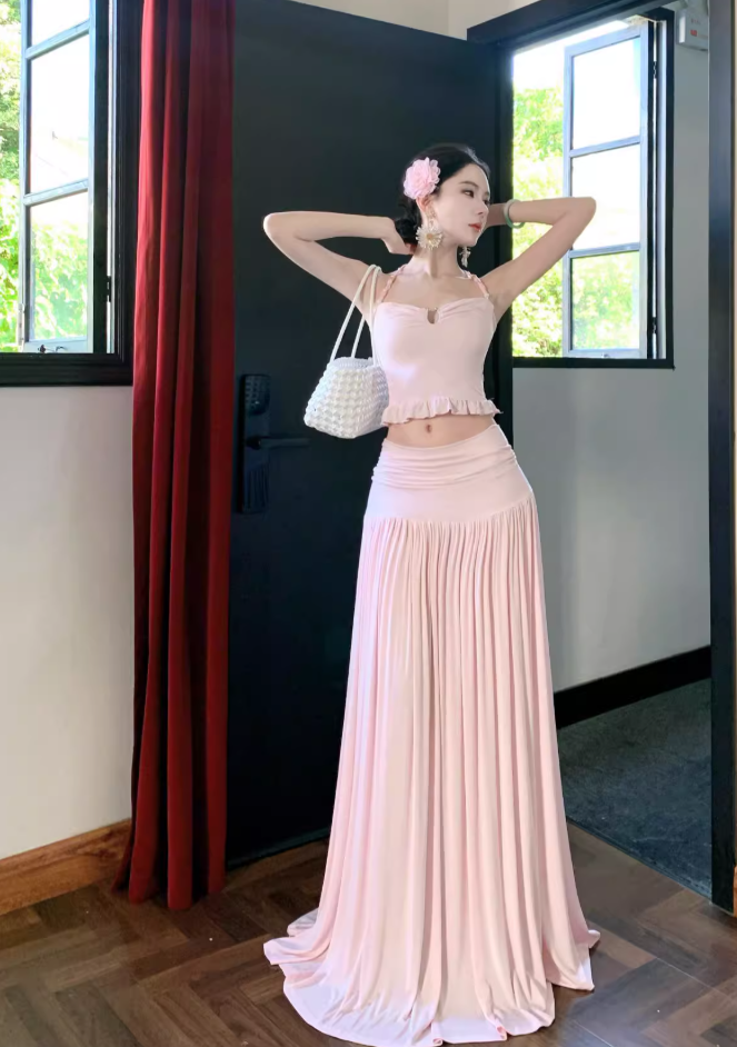 Vogue Breathable Two-Piece Maxi Dress Vacation Outfit Flexible Sheath Long Dress AP0675