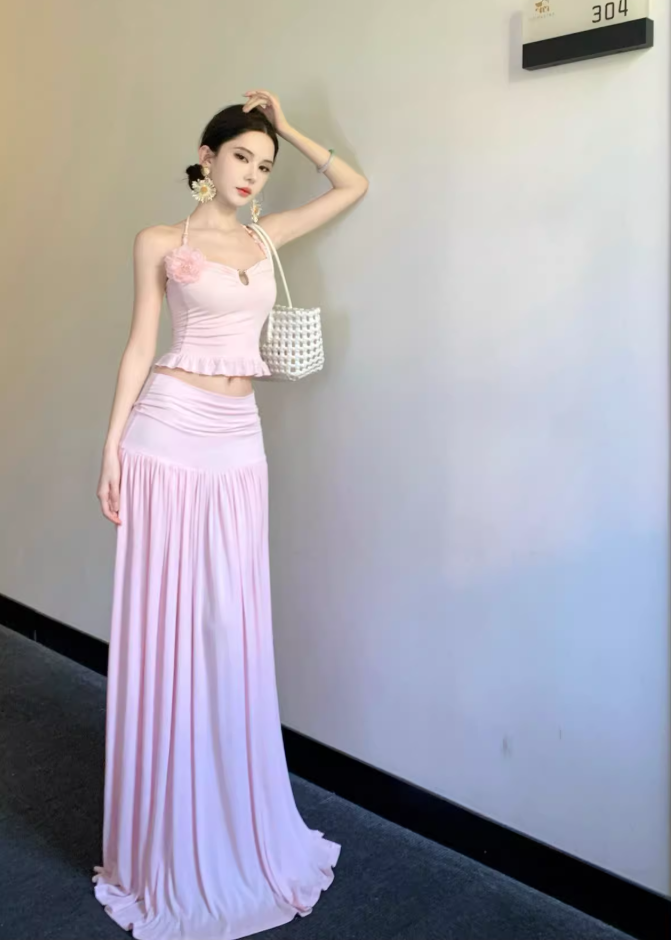 Vogue Breathable Two-Piece Maxi Dress Vacation Outfit Flexible Sheath Long Dress AP0675