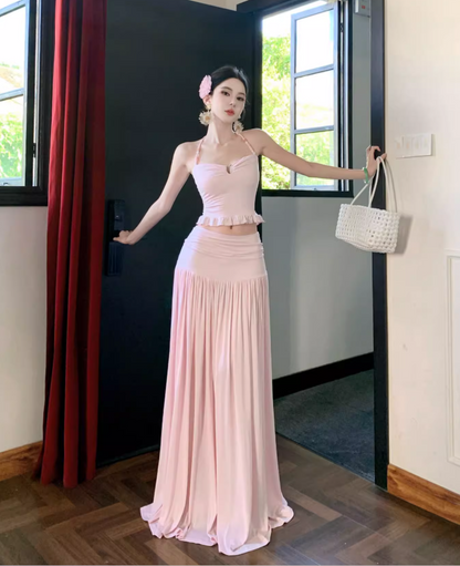 Vogue Breathable Two-Piece Maxi Dress Vacation Outfit Flexible Sheath Long Dress AP0675