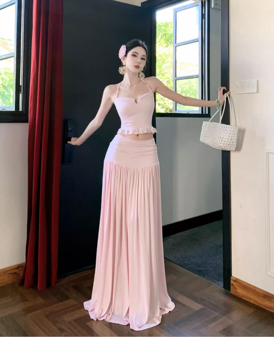 Vogue Breathable Two-Piece Maxi Dress Vacation Outfit Flexible Sheath Long Dress AP0675