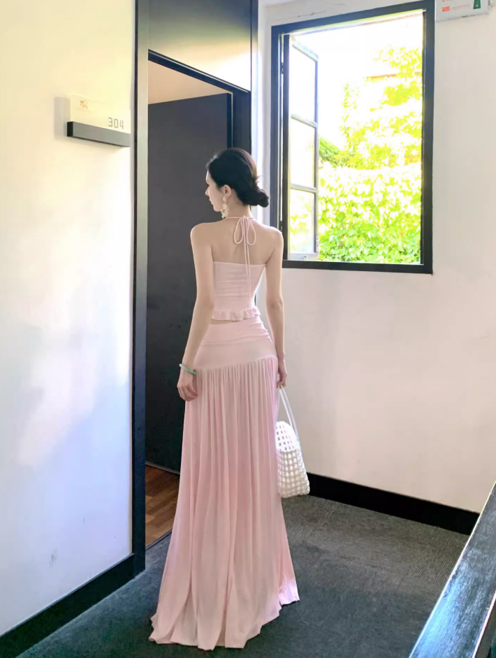 Vogue Breathable Two-Piece Maxi Dress Vacation Outfit Flexible Sheath Long Dress AP0675