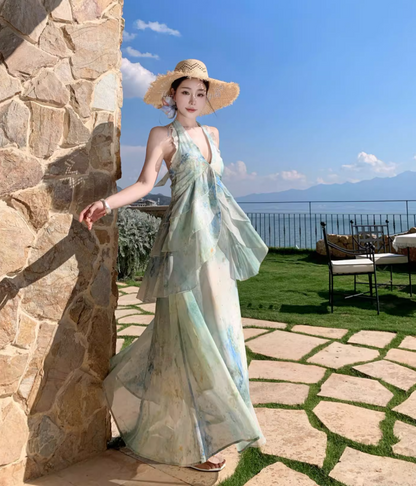 Ethereal Vacation Outfit Ruffles Hem Maxi Dress Open Back Tiered Tulle Halter Long Dress AP0676