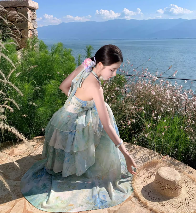 Ethereal Vacation Outfit Ruffles Hem Maxi Dress Open Back Tiered Tulle Halter Long Dress AP0676